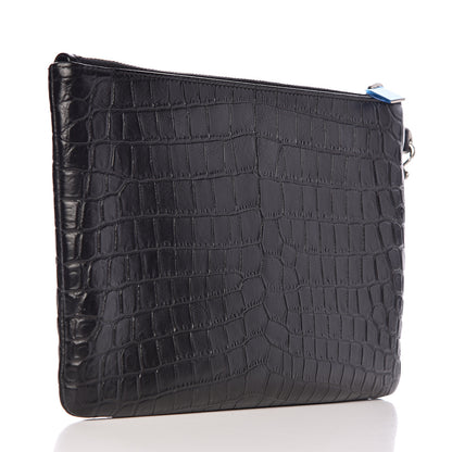 Saint Laurent Calfskin Crocodile Embossed Monogram Zip Pouch Black 3 of 8