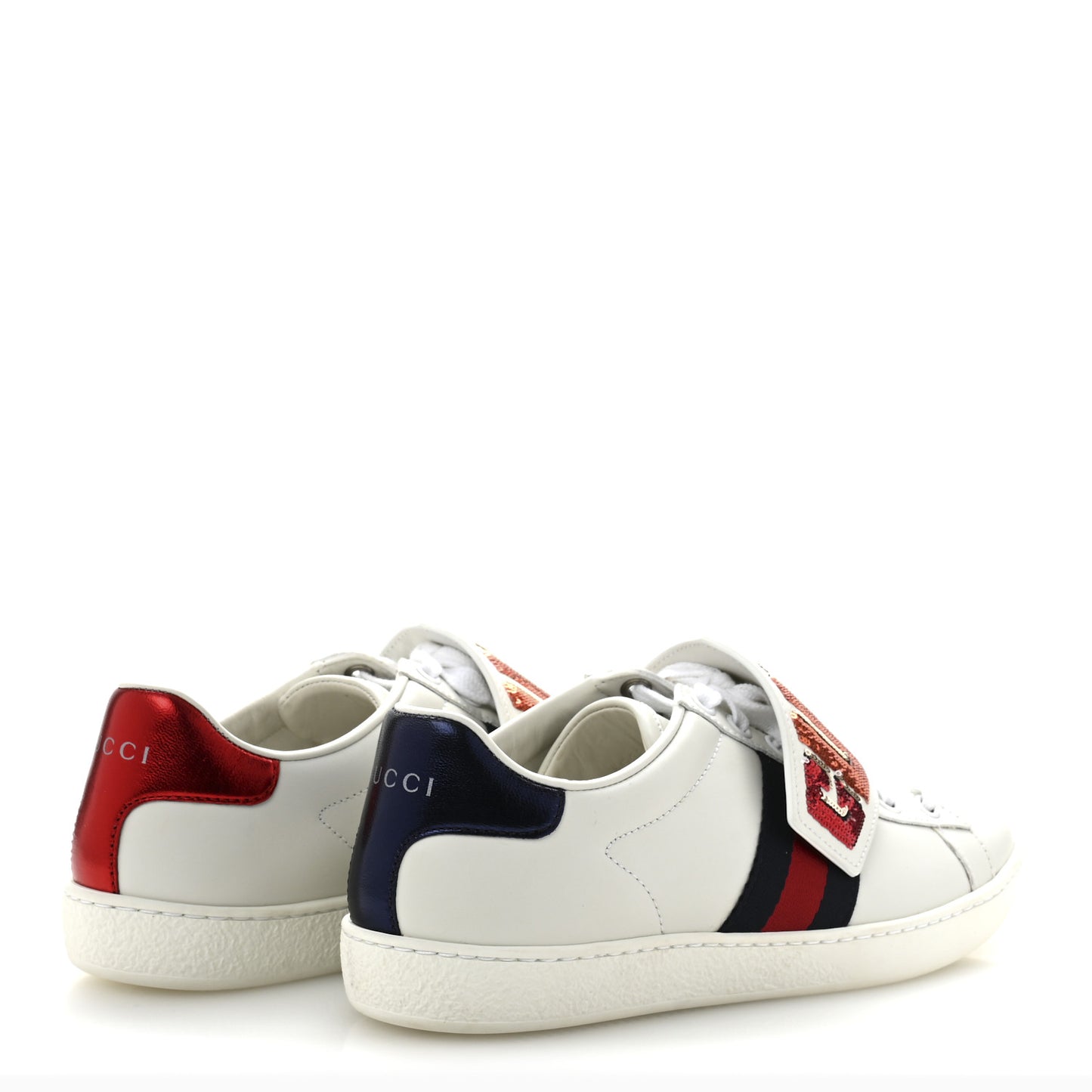 Calfskin Sequins Web Game Logo Womens Ace Sneakers 36 White