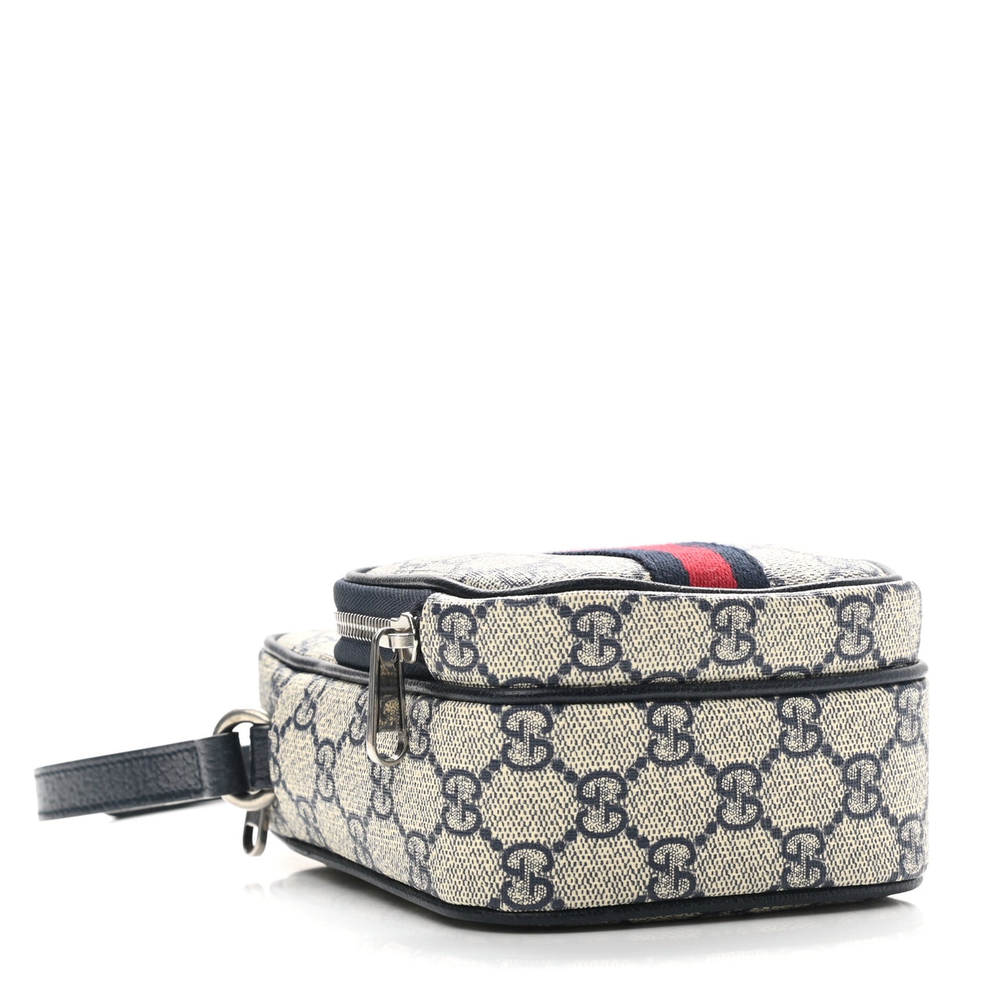 GG Supreme Monogram Textured Dollar Calfskin Web Mini Ophidia Double Zip Messenger Bag Beige Blue