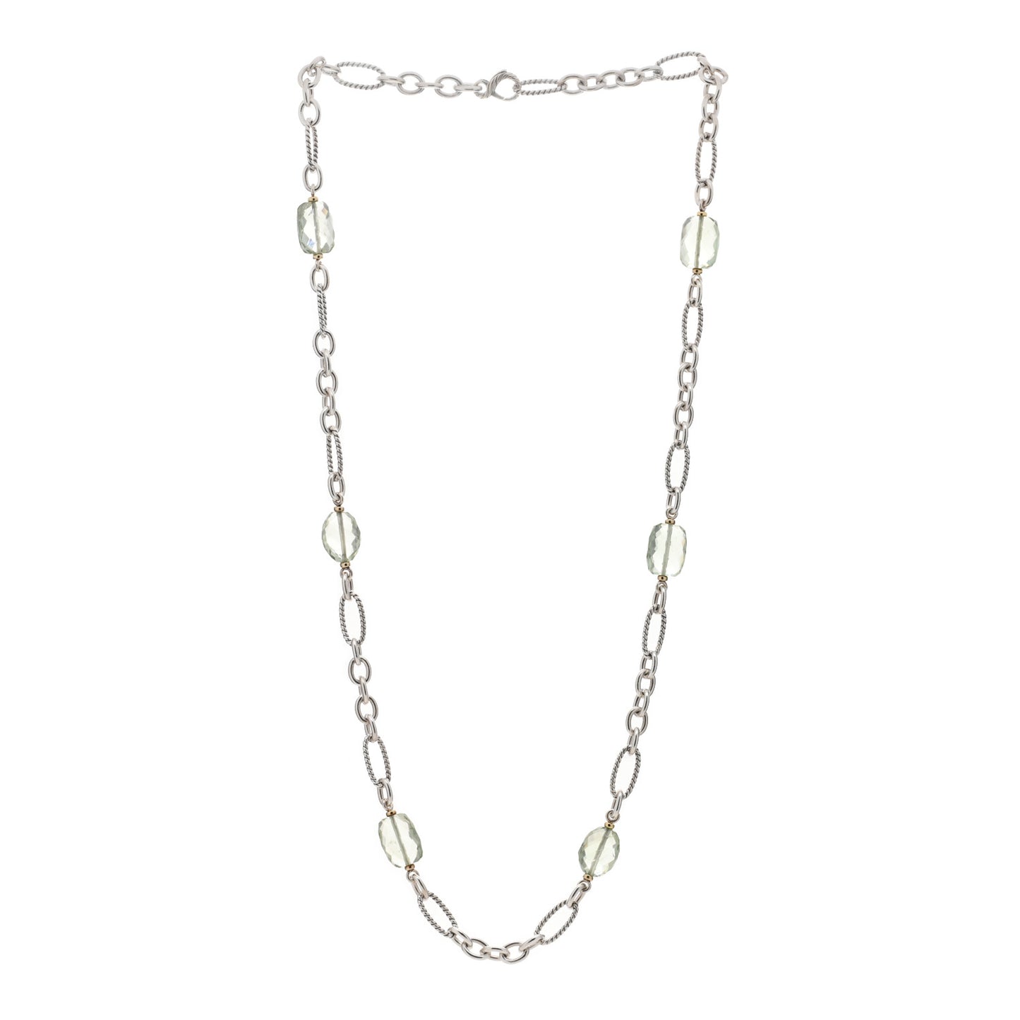Sterling Silver 18K Yellow Gold Prasiolite Figaro Link Necklace 35"