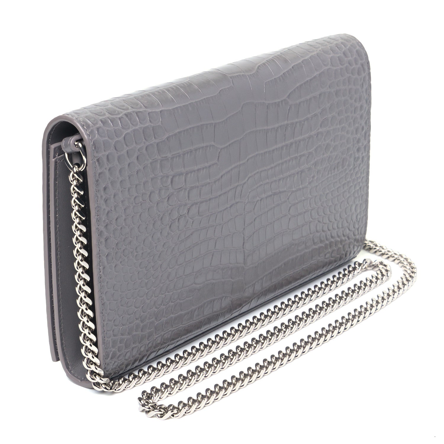 Saint Laurent Calfskin Crocodile Embossed Monogram Chain Wallet Fog 2 of 5