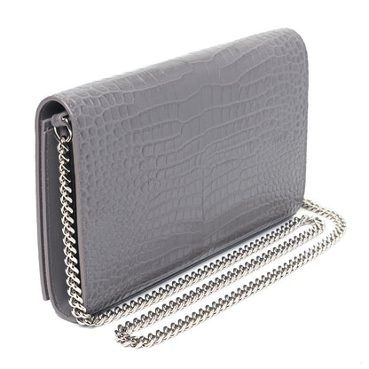 Saint Laurent Calfskin Crocodile Embossed Monogram Chain Wallet Fog 2 of 5