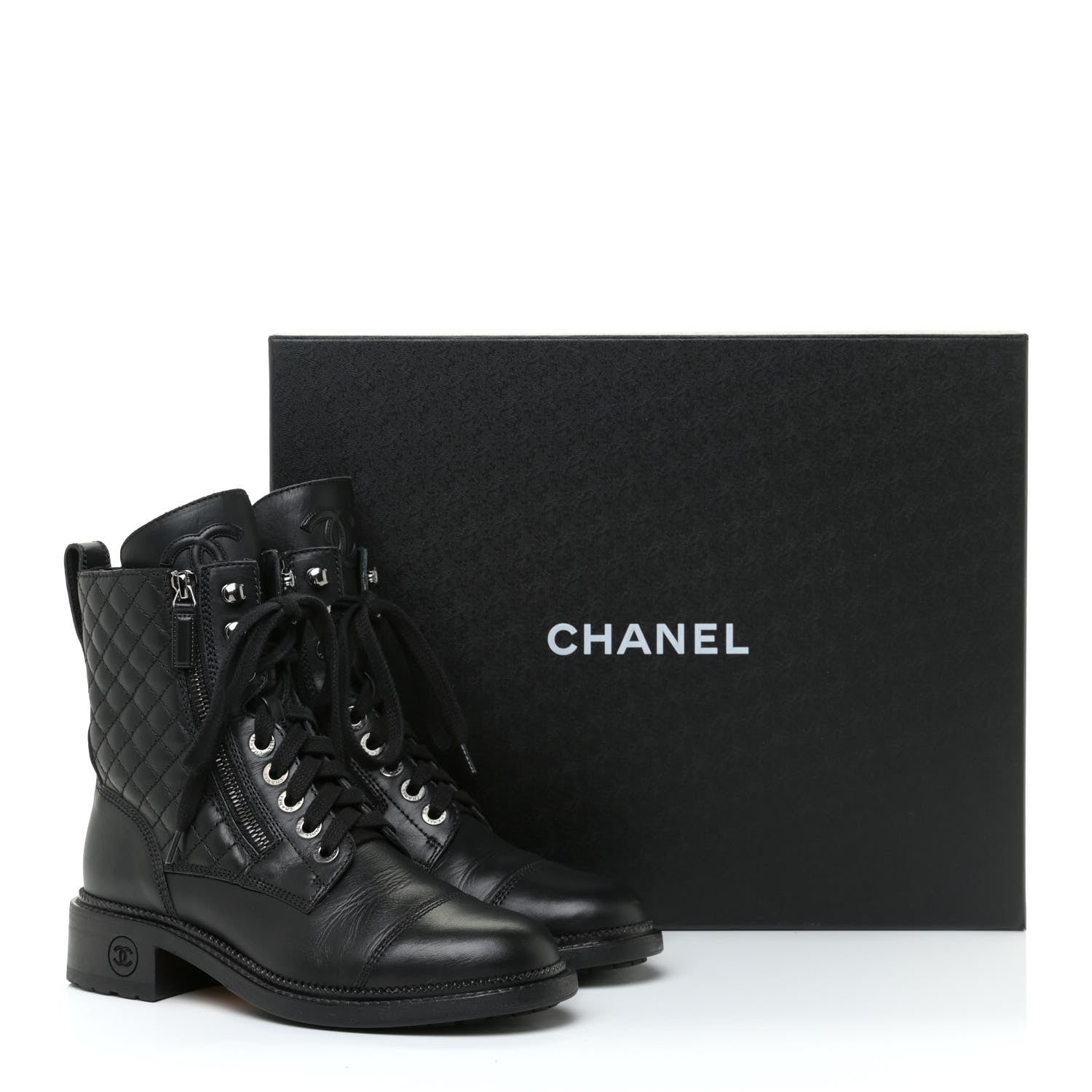 Chanel Calfskin Quilted Lace Up Combat Boots 37 Black 13 of 13