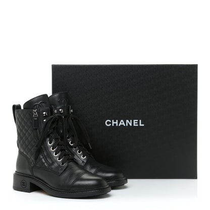 Chanel Calfskin Quilted Lace Up Combat Boots 37 Black 13 of 13