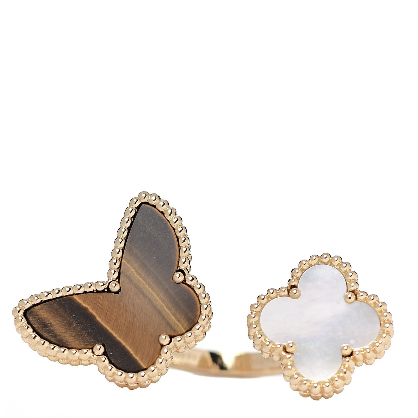 18K Yellow Gold Mother of Pearl Tiger Eye Lucky Alhambra Between the Finger Ring 51 5.75