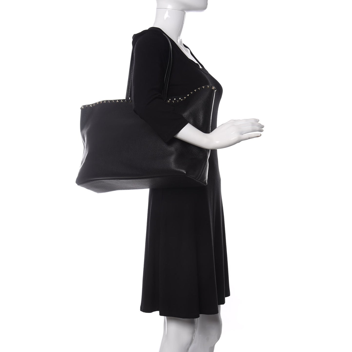 Grained Calfskin Rockstud Shoulder Tote Black