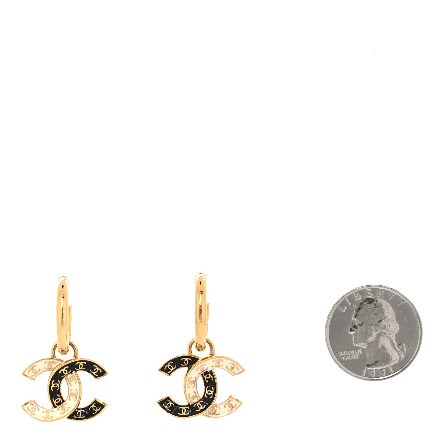 Chanel Enamel CC Hoop Drop Earrings Black White Gold 2 of 4