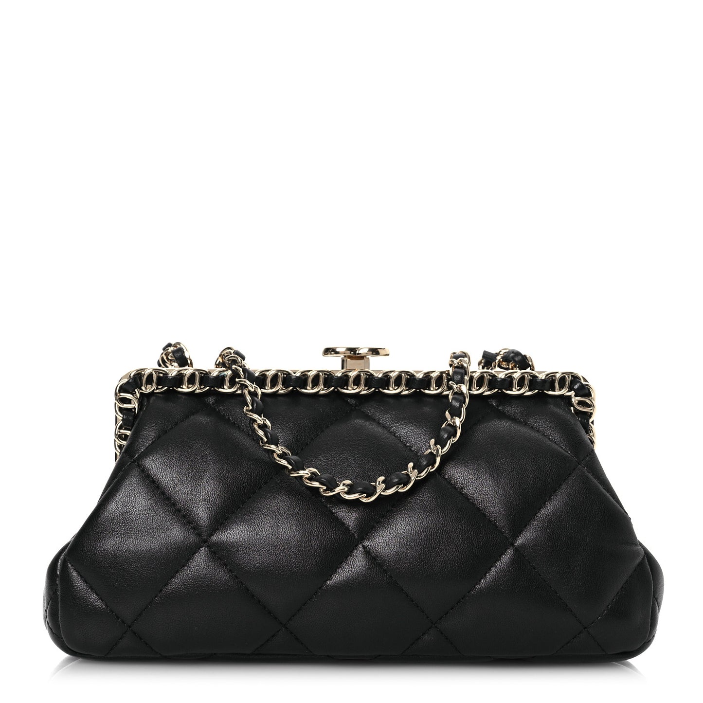 Lambskin Quilted Chain Frame Clutch Black