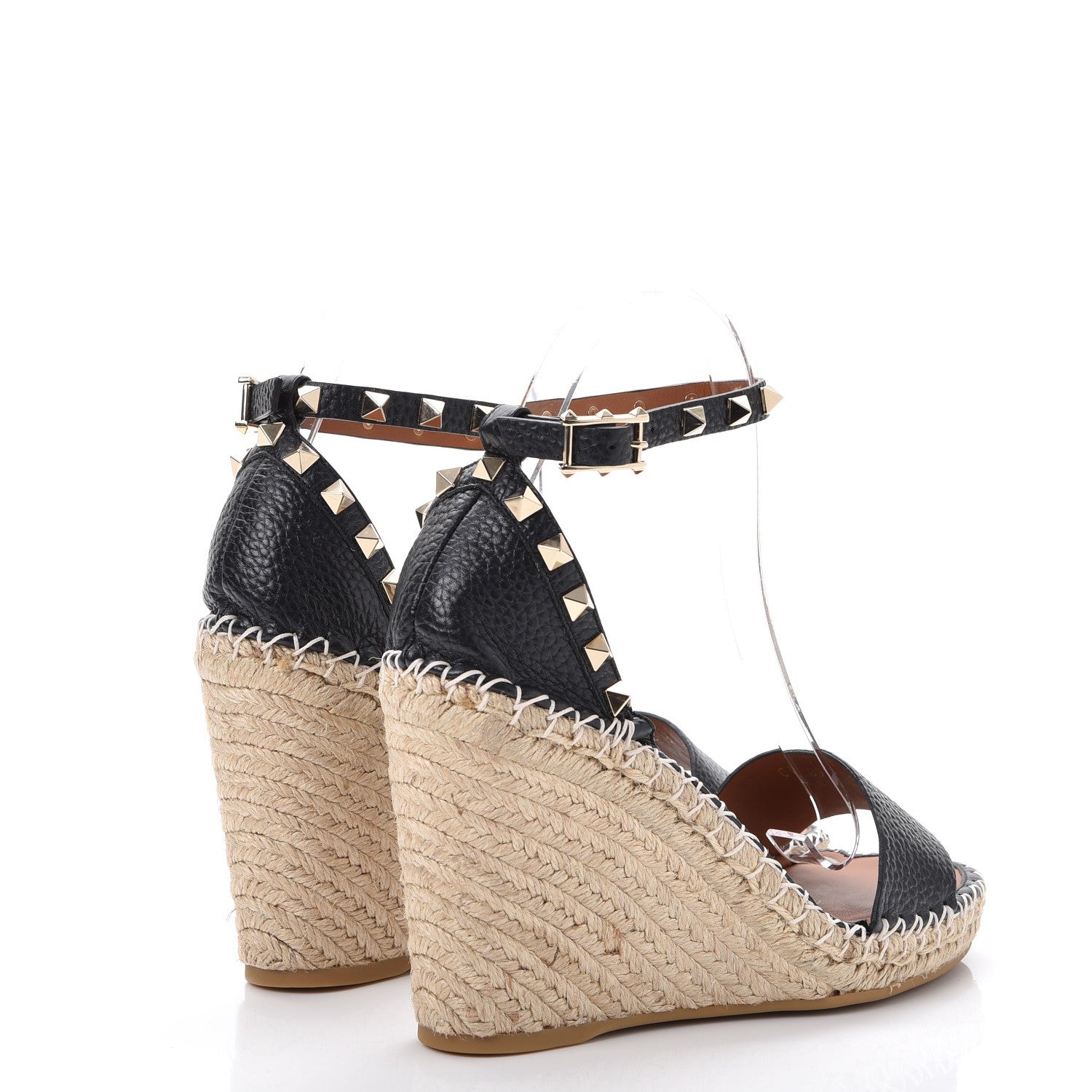 Valentino Garavani Grained Calfskin Rockstud Ankle Strap Espadrille 15/105mm Wedge Sandals 37 Black Light Cuir Natural 4 of 9