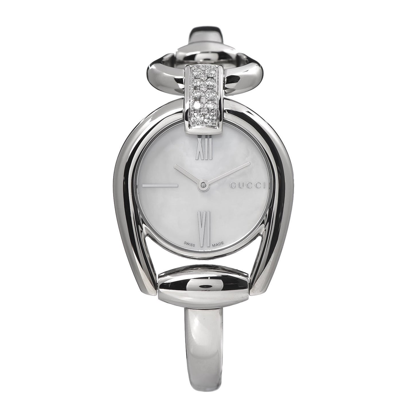 Stainless Steel Diamond Pave Mother of Pearl 28mm Horsebit Quartz Watch