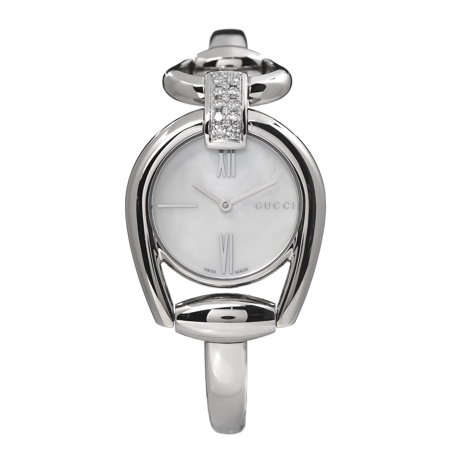 Gucci Stainless Steel Diamond Pave Mother of Pearl 28mm Horsebit Quartz Watch 1 of 7