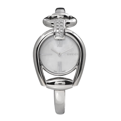 Gucci Stainless Steel Diamond Pave Mother of Pearl 28mm Horsebit Quartz Watch 1 of 7