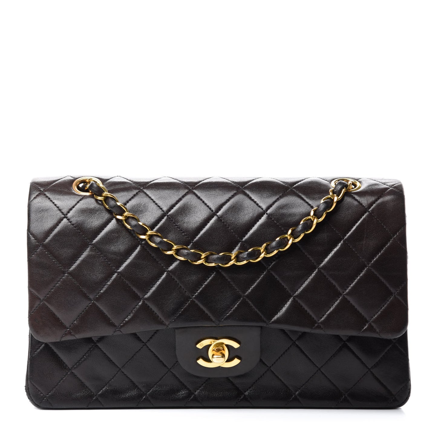 Lambskin Quilted Medium Double Flap Dark Brown