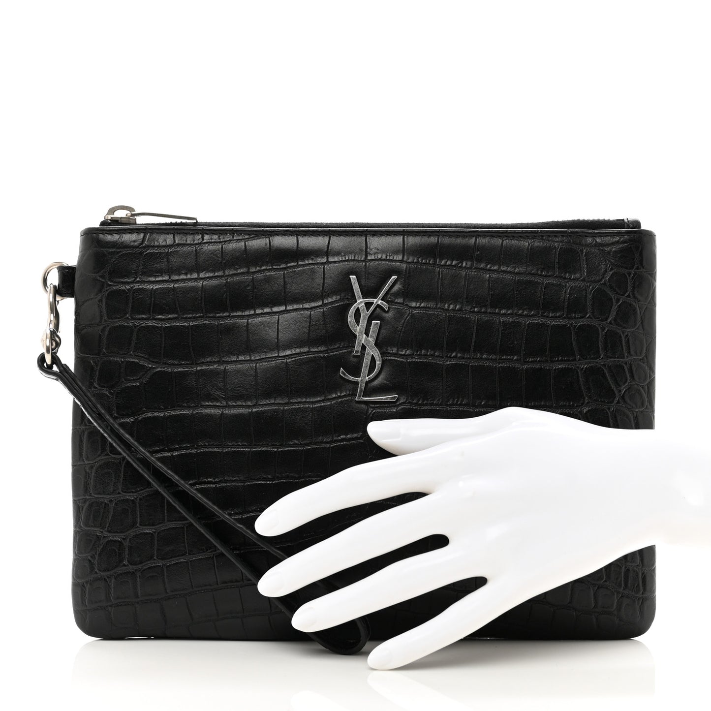 Calfskin Crocodile Embossed Monogram Zip Pouch Black