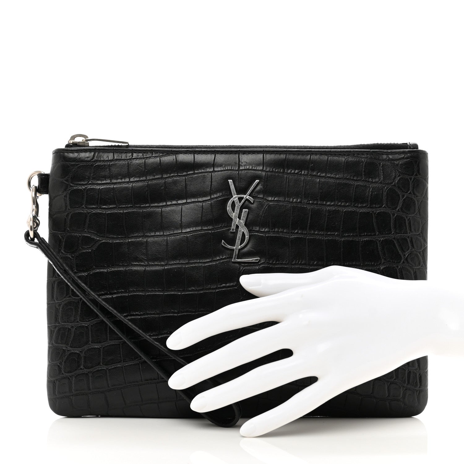 Saint Laurent Calfskin Crocodile Embossed Monogram Zip Pouch Black 2 of 7