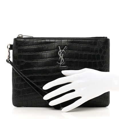 Saint Laurent Calfskin Crocodile Embossed Monogram Zip Pouch Black 2 of 7