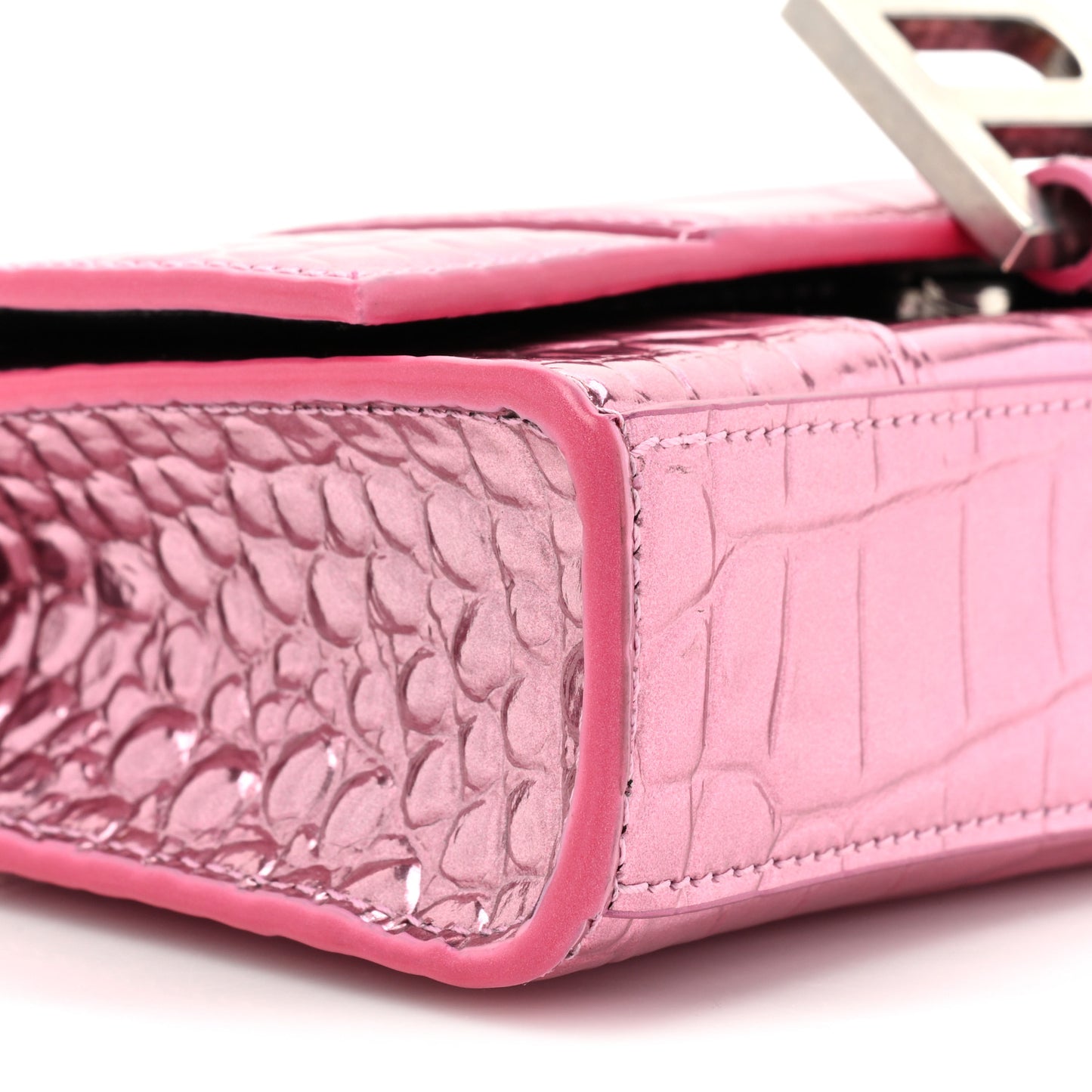 Metallic Shiny Calfskin Crocodile Embossed Hourglass Chain Bag Pink