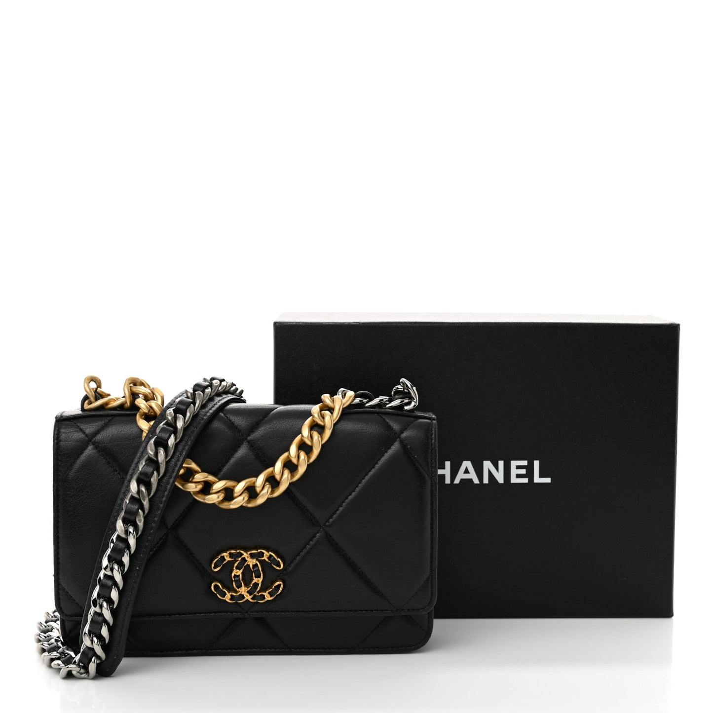 Lambskin Quilted Chanel 19 Wallet On Chain WOC Black