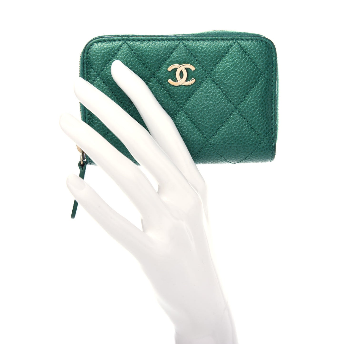 Metallic Caviar Quilted Zip Coin Purse Green