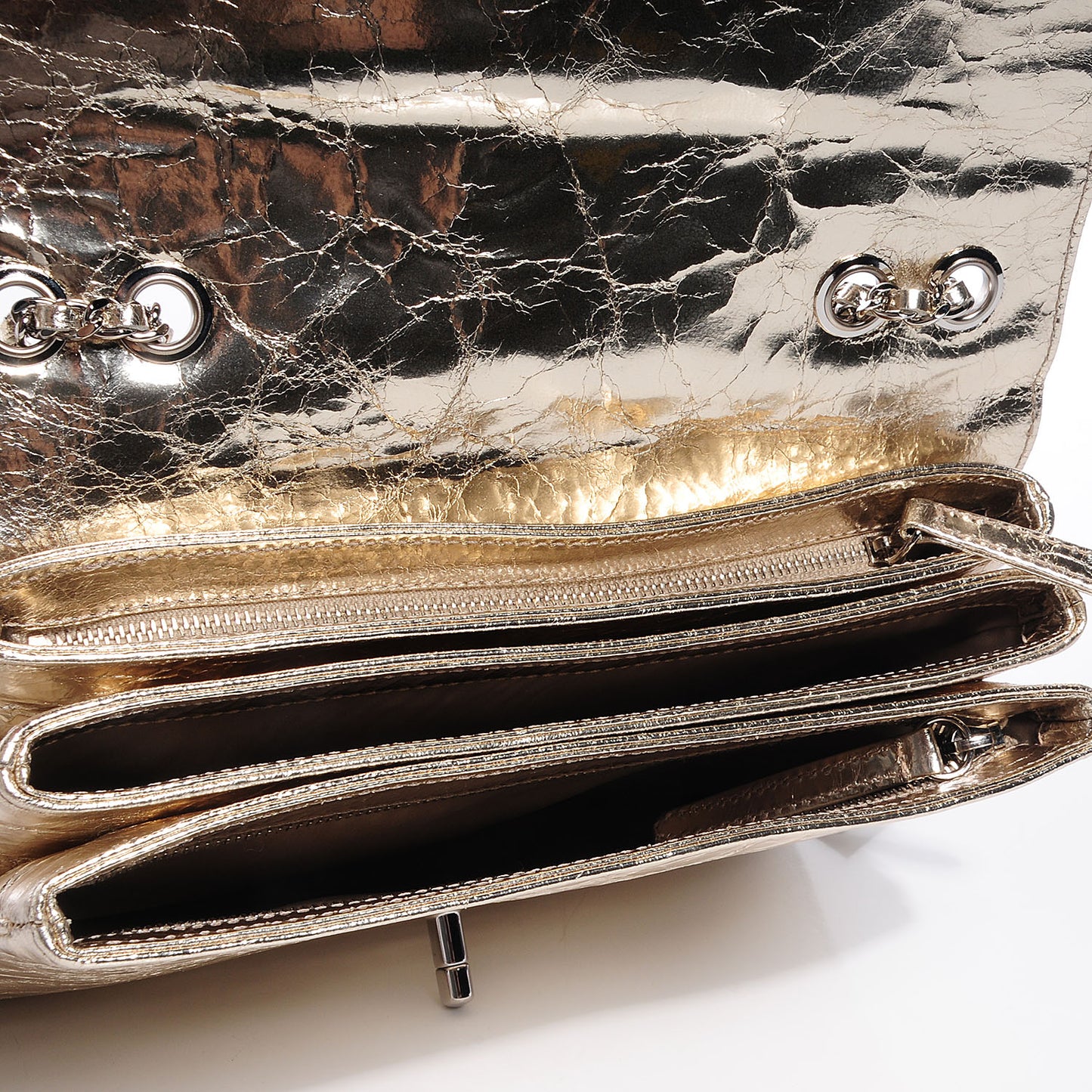 Metallic Crackled Calfskin Medium Clam's Pocket Flap Gold