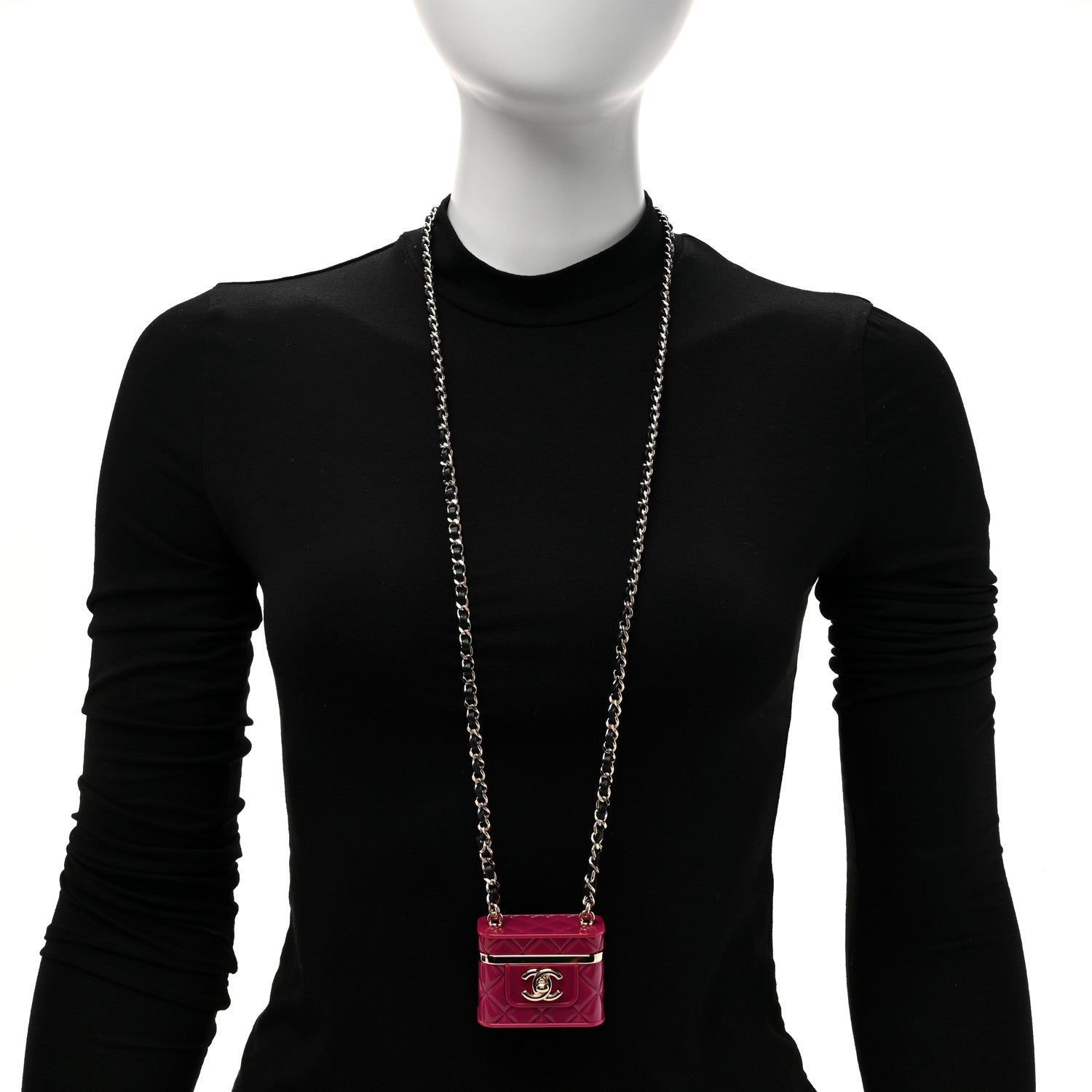 Chanel Metal Resin Lambskin Flap Bag Necklace Pink Gold Black 2 of 6