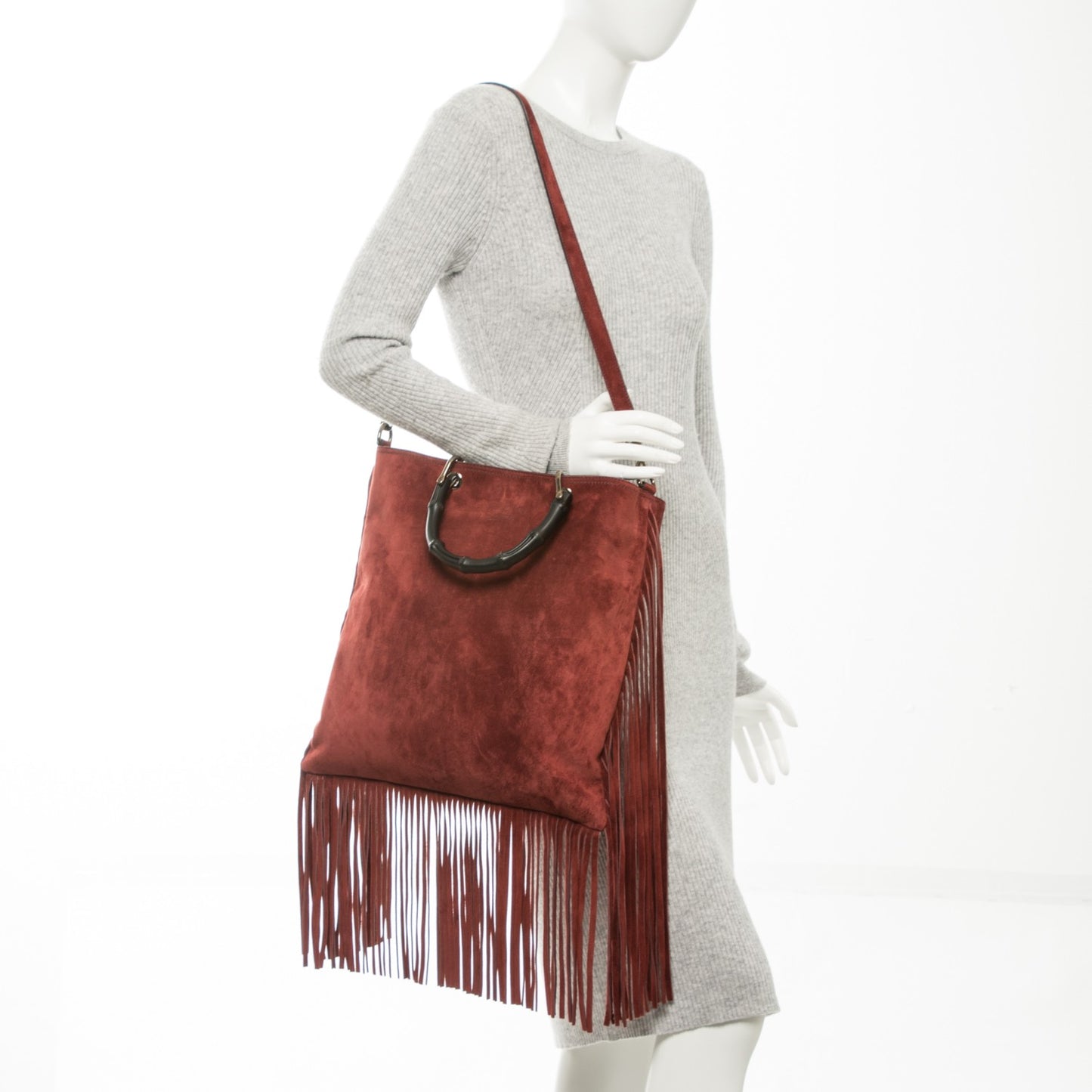 Suede Bamboo Fringe Small Shopper Tote Claret