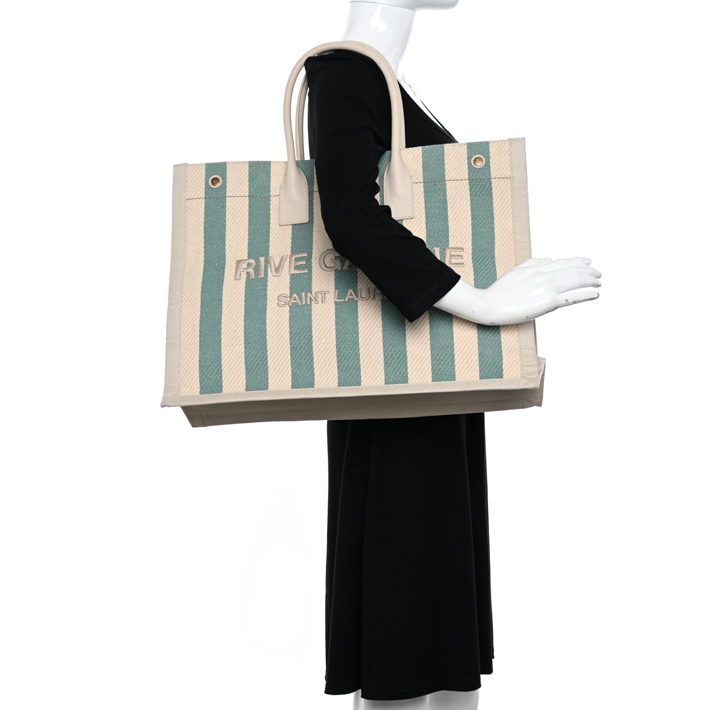 Cotton Linen Calfskin Striped Rive Gauche Tote Water Green