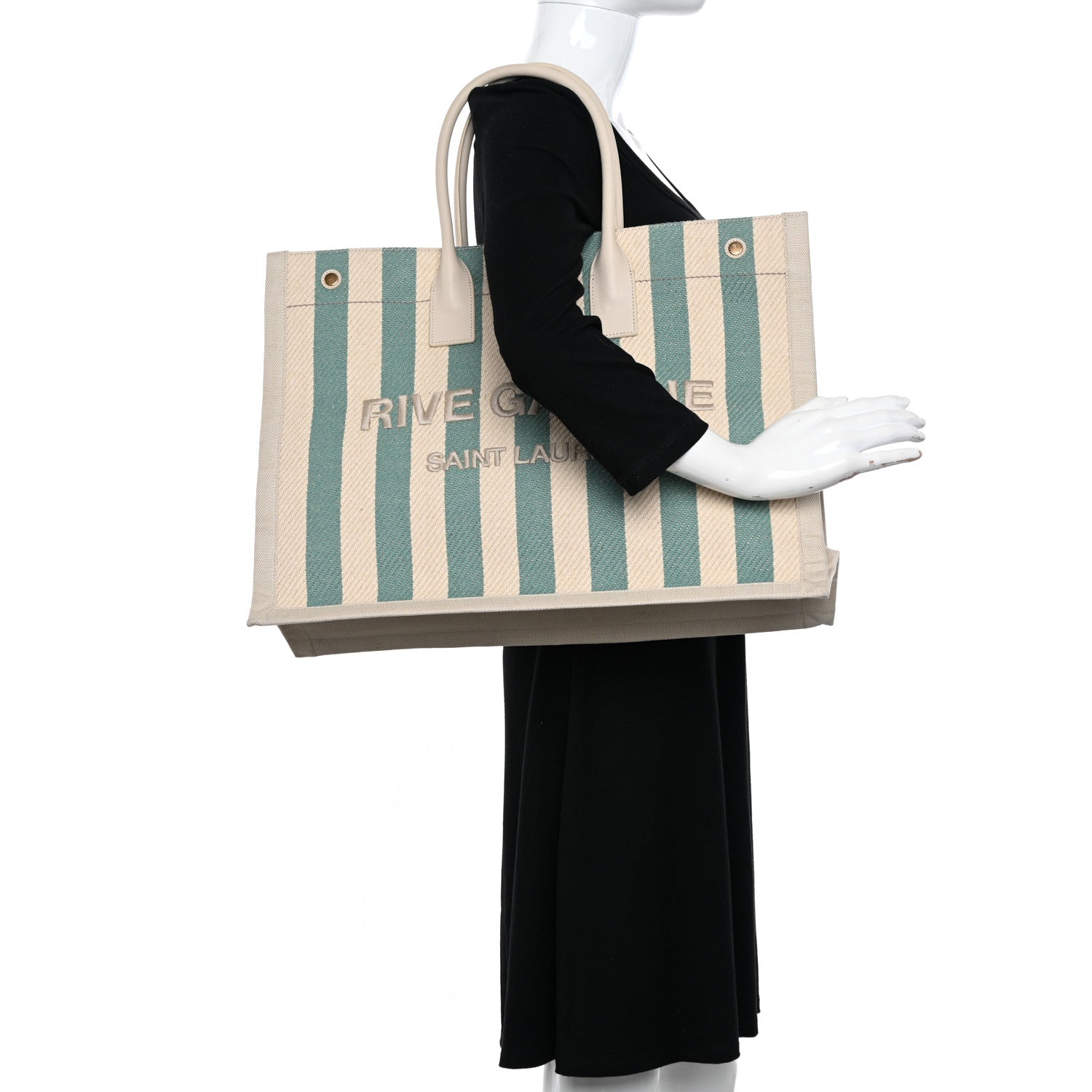Saint Laurent Cotton Linen Calfskin Striped Rive Gauche Tote Water Green 2 of 12