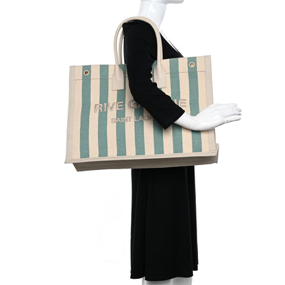 Saint Laurent Cotton Linen Calfskin Striped Rive Gauche Tote Water Green 2 of 12