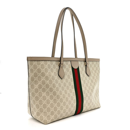 Gucci GG Supreme Monogram Textured Dollar Calfskin Web Medium Ophidia Shopping Tote Beige Mystic White Oatmeal 3 of 15