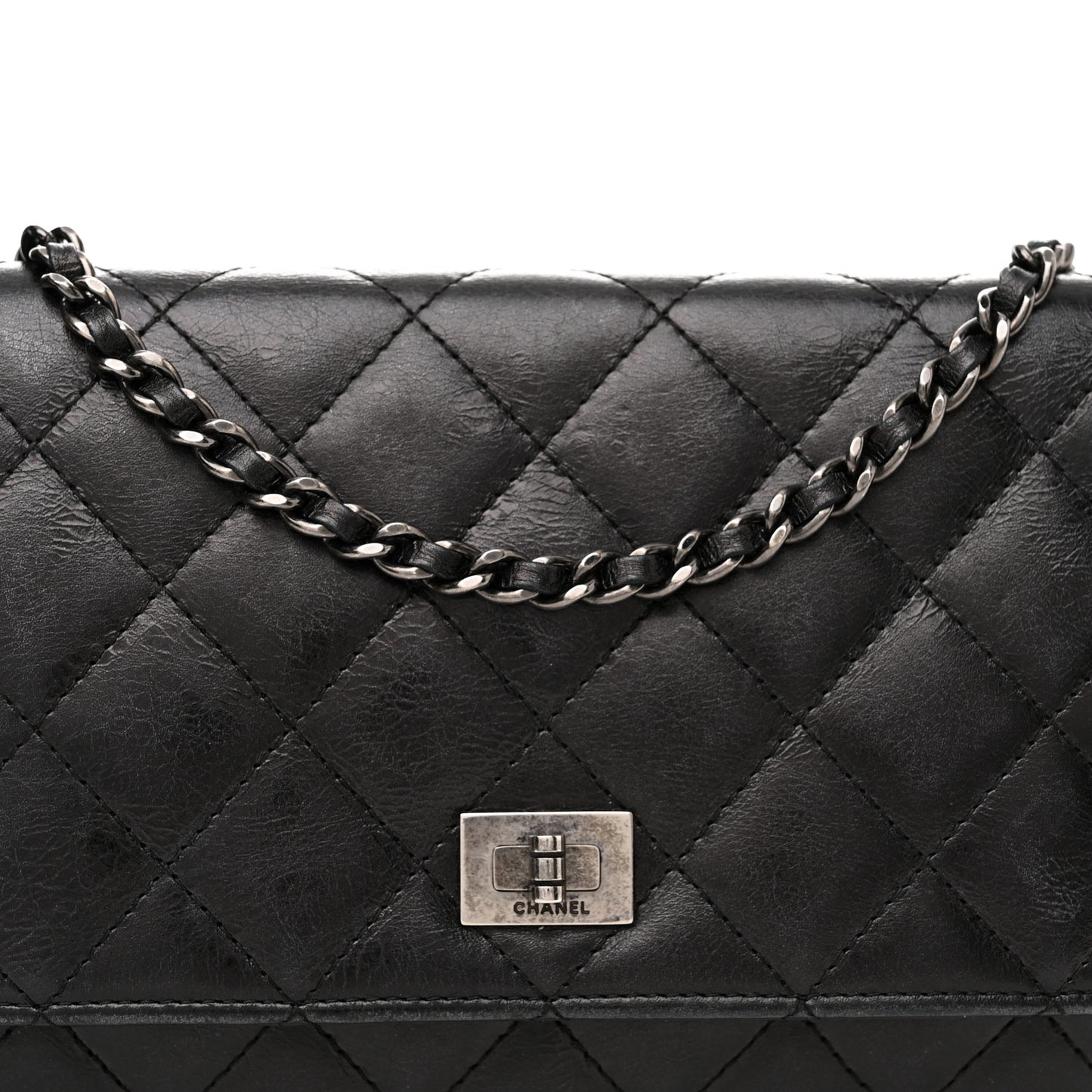Metallic Aged Calfskin Quilted Reissue Wallet On Chain WOC Black