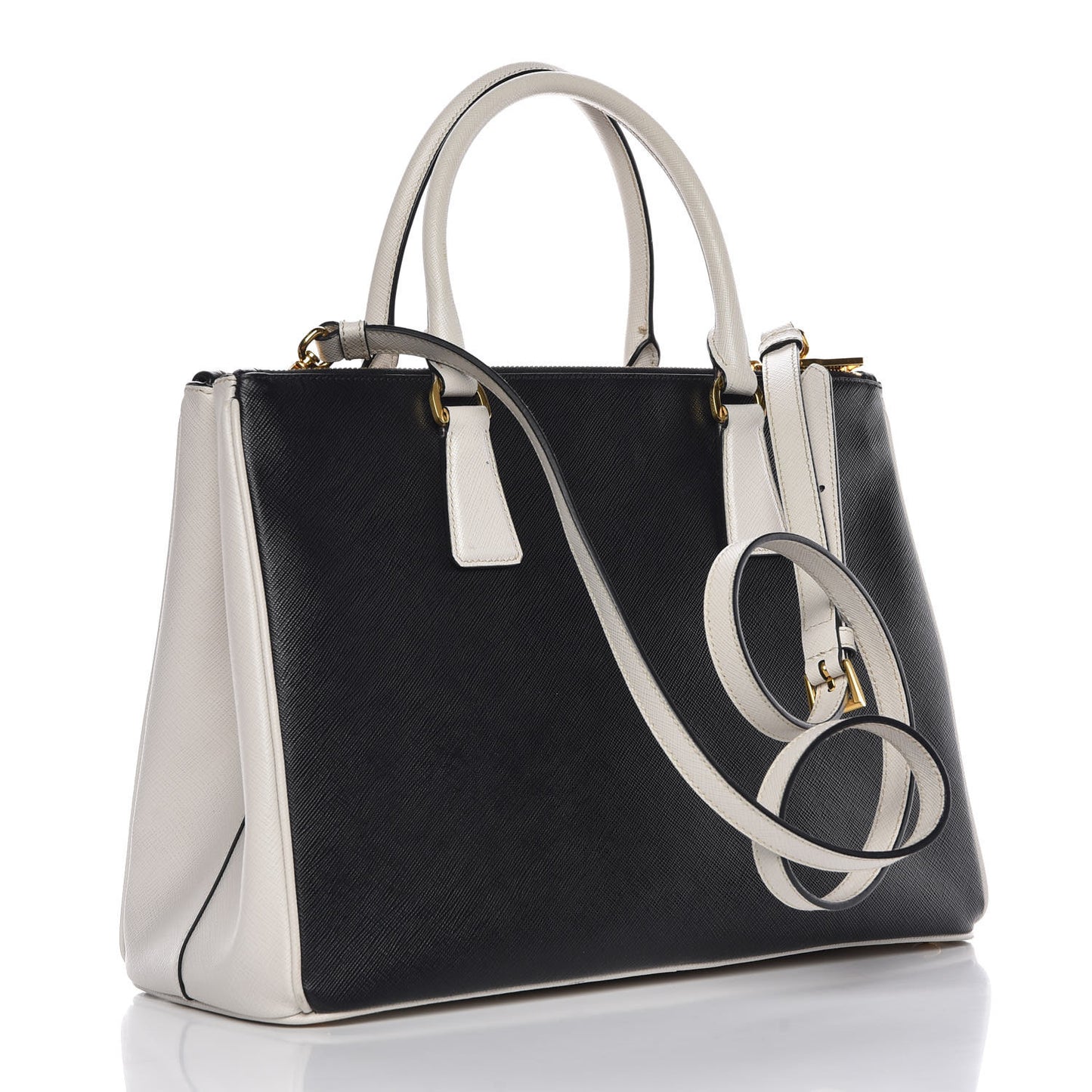 Saffiano Lux Bi-Color Medium Galleria Double Zip Tote Black White