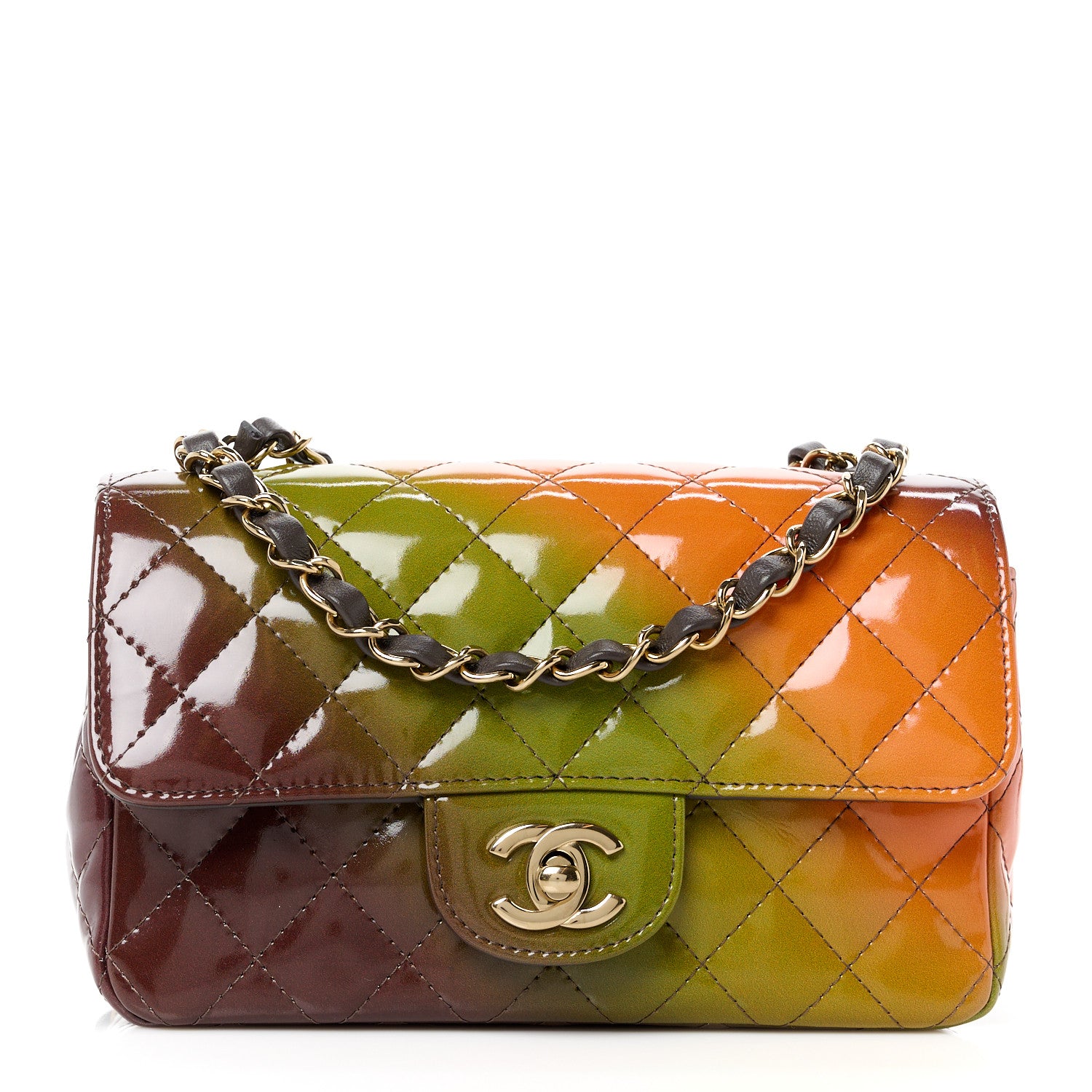 Chanel Shaded Patent Calfskin Quilted Mini Rectangular Flap Green Orange Dark Brown 1 of 11