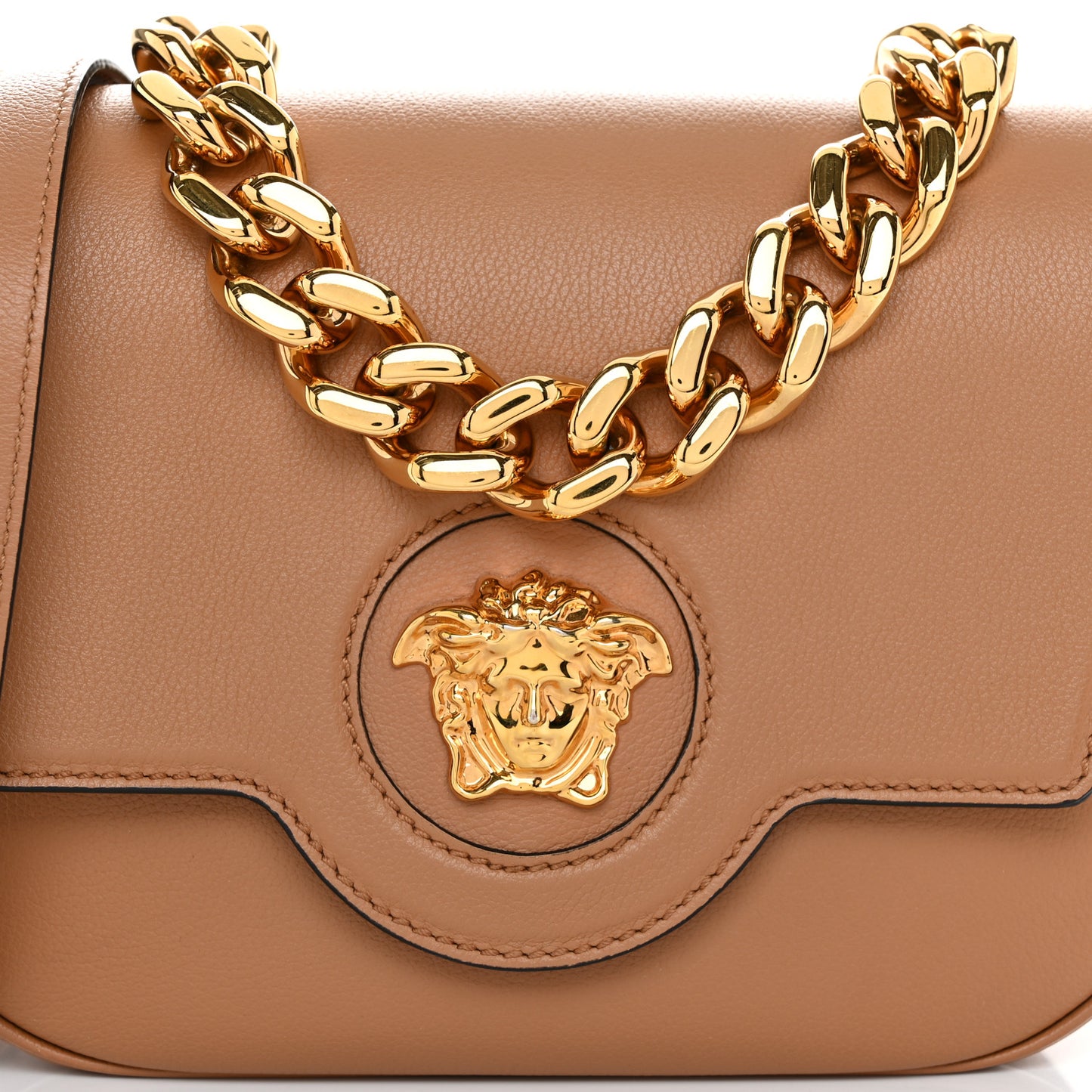 Grained Calfskin La Medusa Chain Clutch Bag Brown