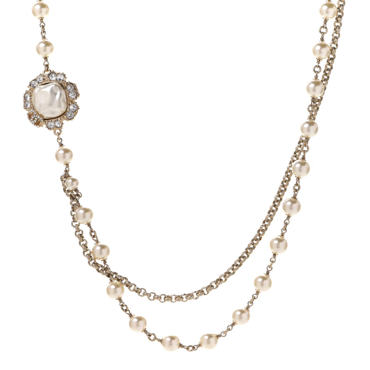 Pearl Crystal CC Camellia Express Long Necklace Gold