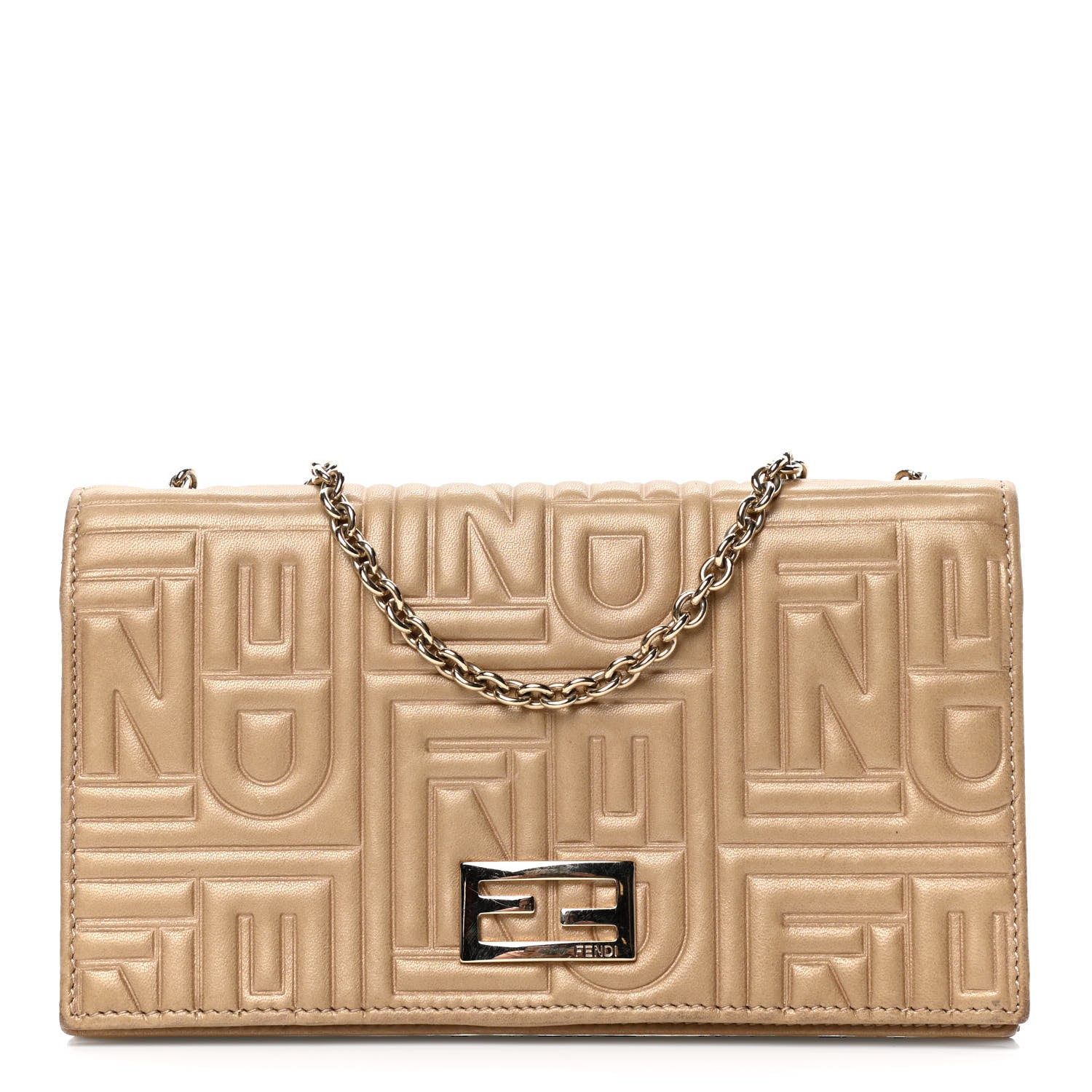 Fendi Metallic Nappa Logo Embossed Long Wallet On Chain Gold 1 of 6