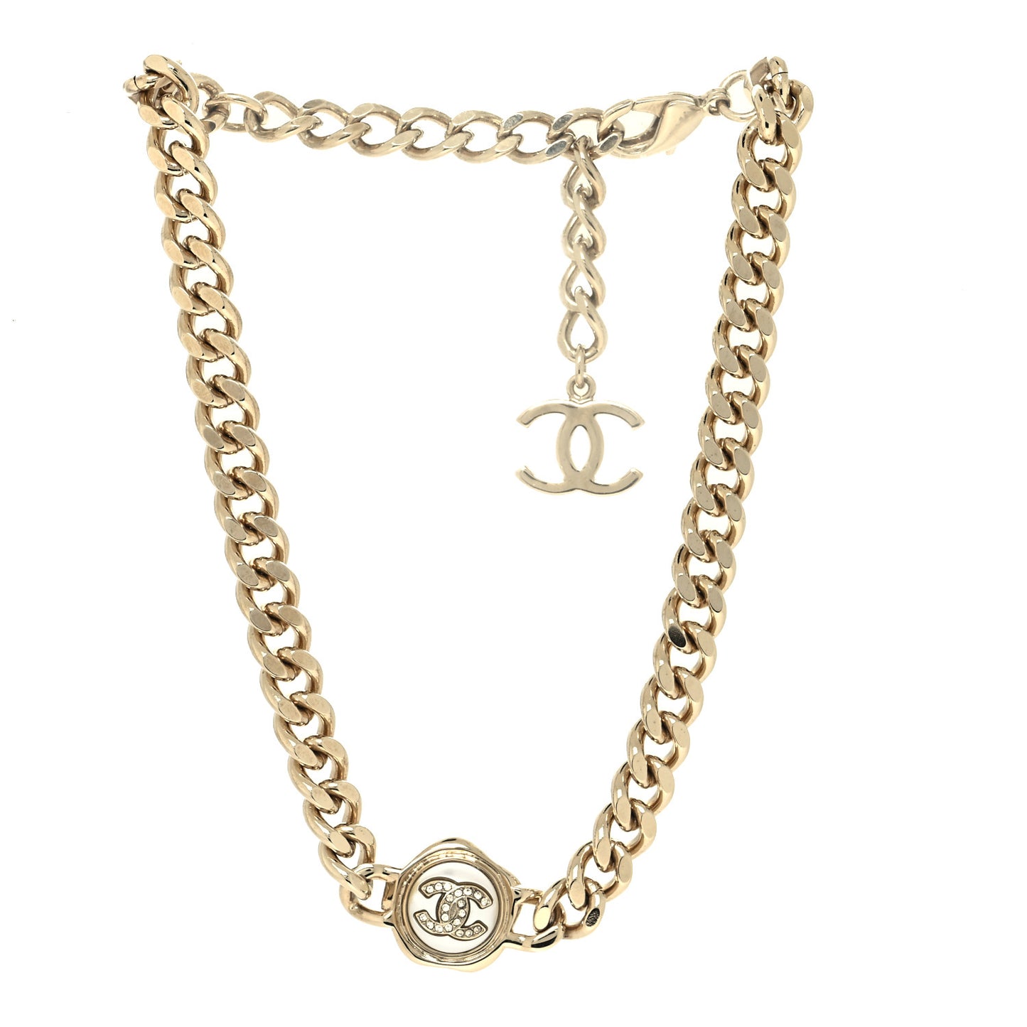 Pearl Crystal CC Chain Choker Necklace Gold