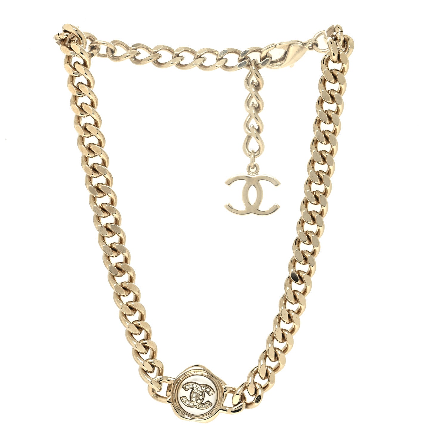 Chanel Pearl Crystal CC Chain Choker Necklace Gold 3 of 5