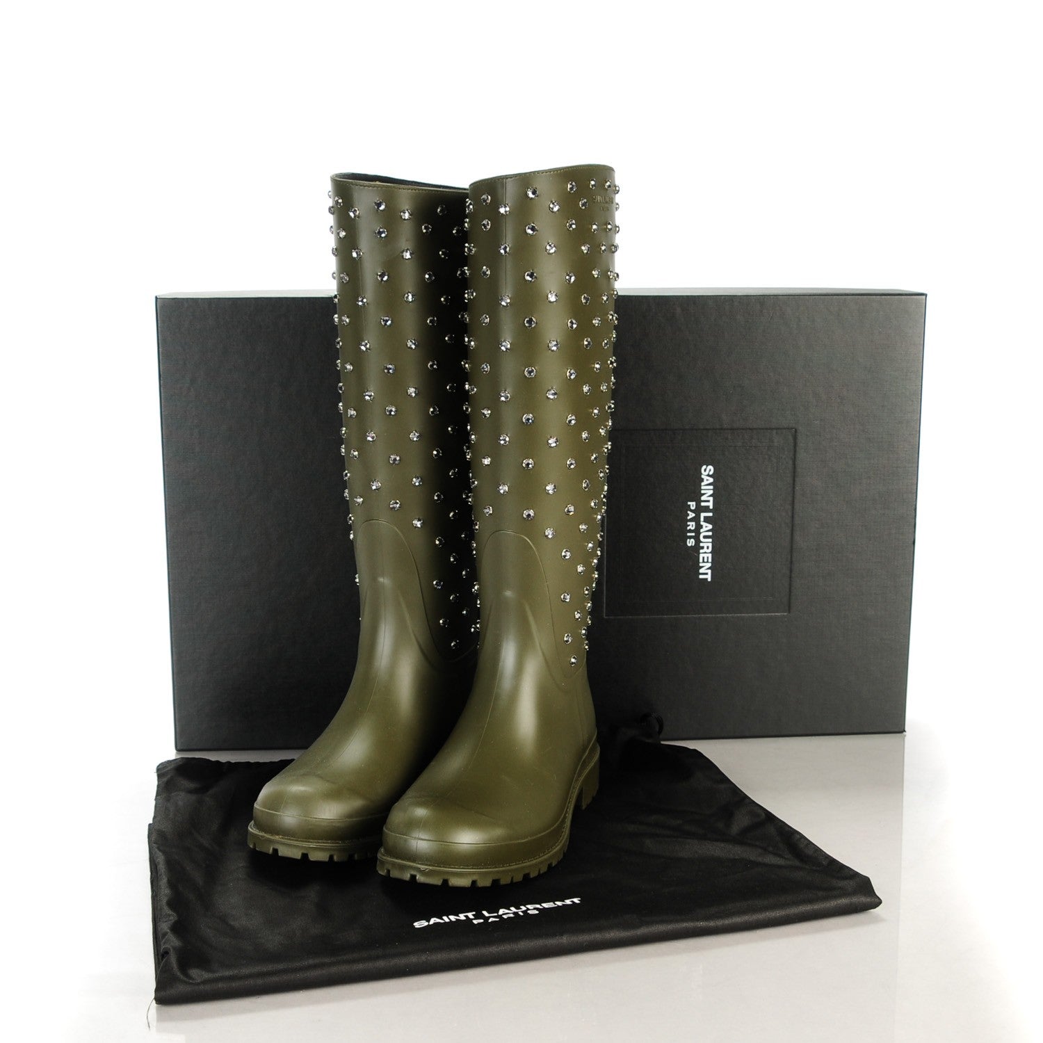 Saint Laurent Rubber Studded Festival Rain Boots 38 New Kaki Fonce 6 of 8