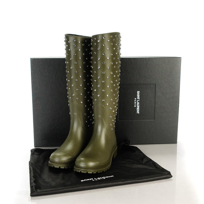Saint Laurent Rubber Studded Festival Rain Boots 38 New Kaki Fonce 6 of 8
