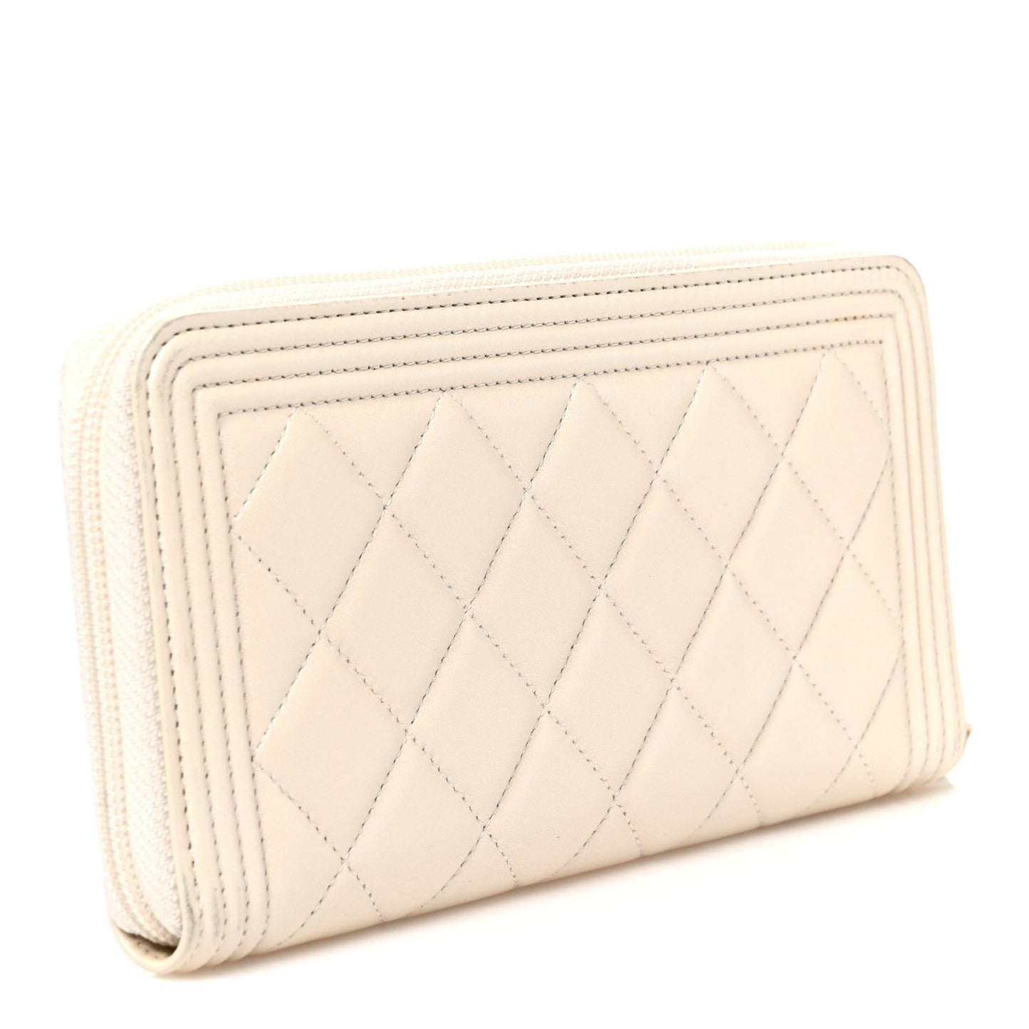 Metallic Lambskin Quilted Boy Zip Around Wallet  Ivory