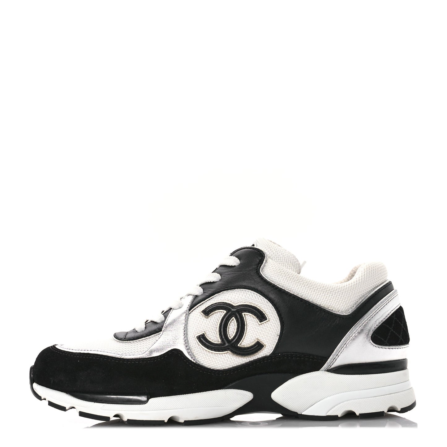 Mesh Suede Calfskin Grained Calfskin Womens CC Sneakers 39.5 Black White Silver