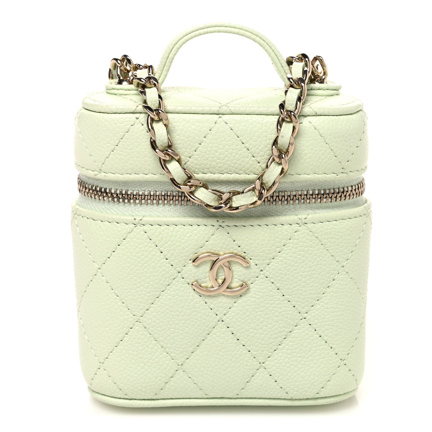 Caviar Quilted Small Handle With Care Vanity Case With Chain Light Green