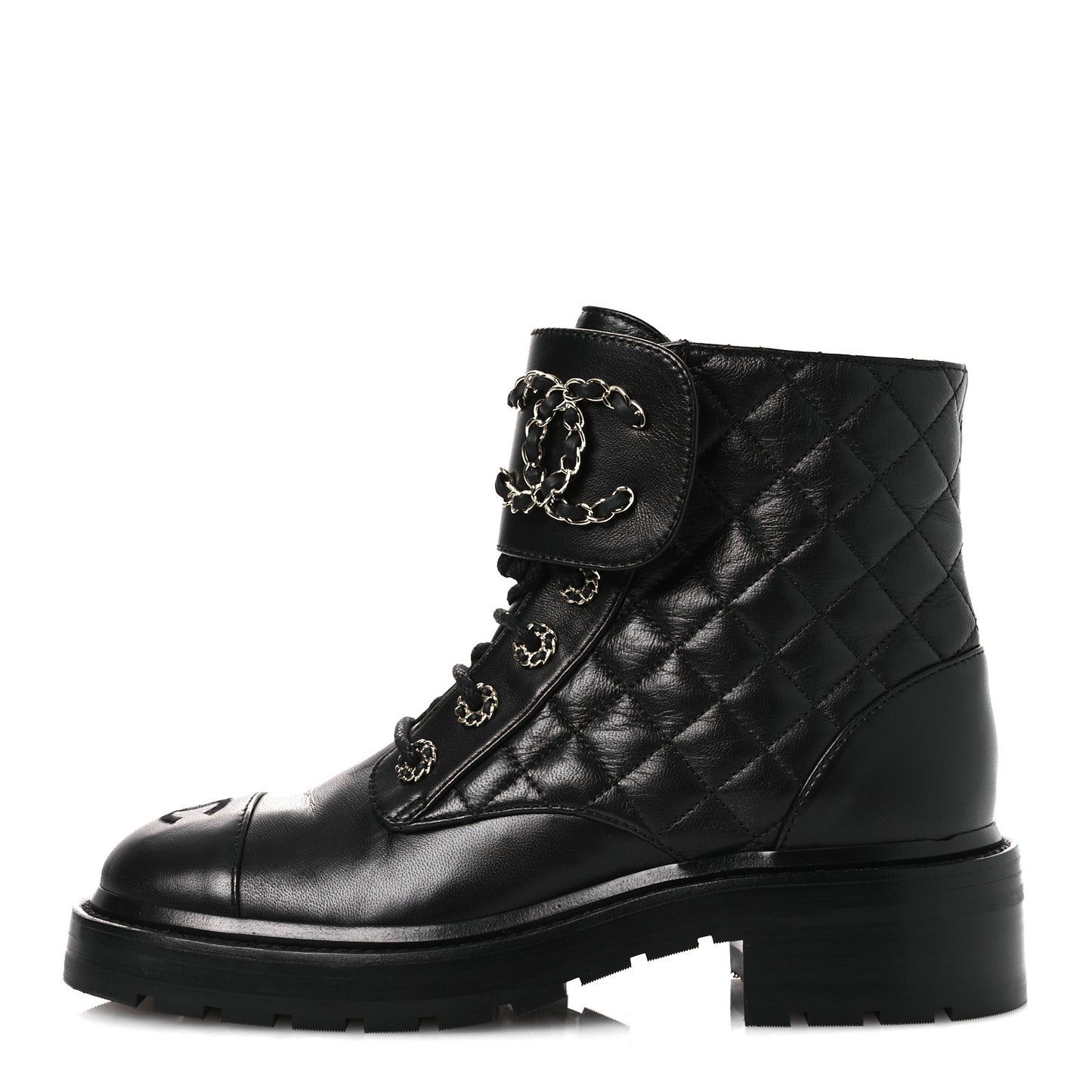 Shiny Lambskin Quilted Lace Up Combat Boots 37 Black