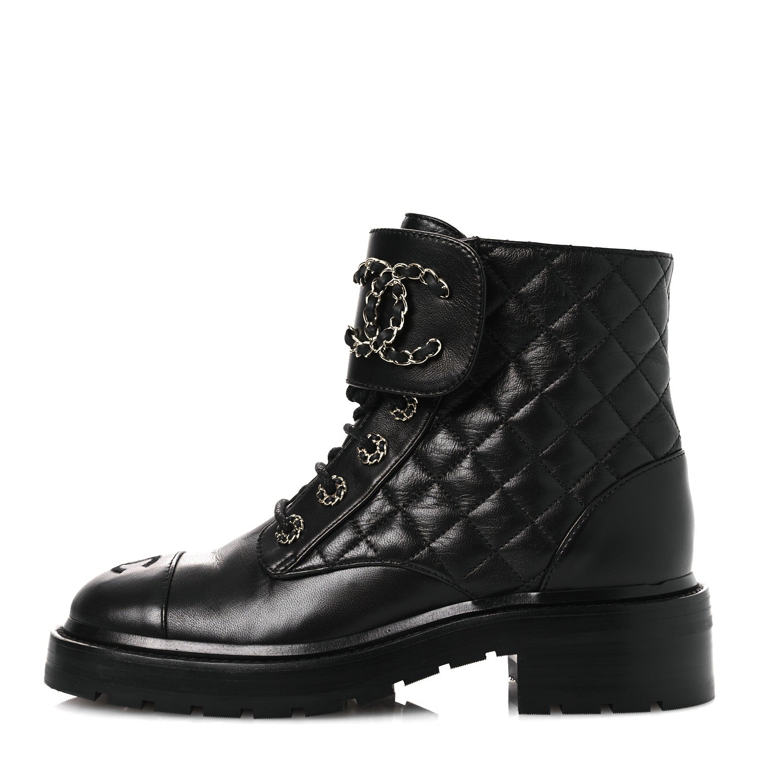 Chanel Shiny Lambskin Quilted Lace Up Combat Boots 37 Black 1 of 11
