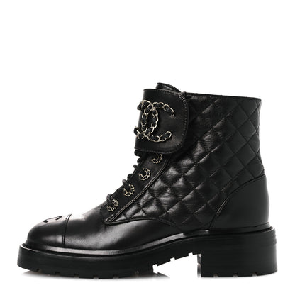 Chanel Shiny Lambskin Quilted Lace Up Combat Boots 37 Black 1 of 11
