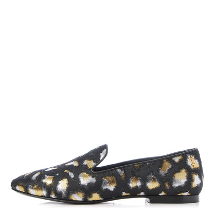 Saint Laurent Jacquard Leopard Print Smoking Loafers 37.5 Black 1 of 12