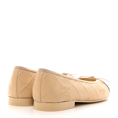 Chanel Lambskin Patent Calfskin Double Stitched CC Cap Toe Ballerina Flats 36 Beige Black 4 of 9