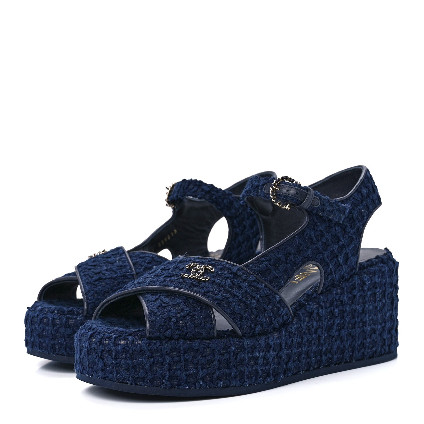 Silk Linen Tweed Quilted CC Platform Sandals 37 Navy Blue Gray
