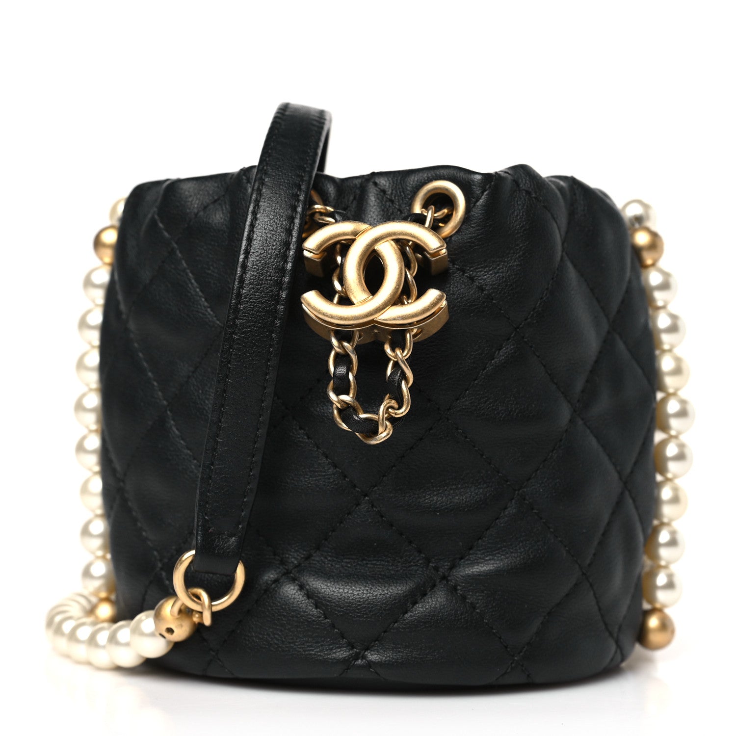Chanel Calfskin Quilted Pearl Mini About Pearls Drawstring Bucket Bag Black 1 of 9
